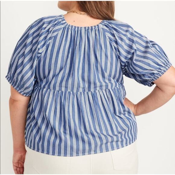 Old Navy Puff Sleeve Milkmaid Baby Doll Top 2X Plus Blue White Nautical Stripe - Picture 5 of 15